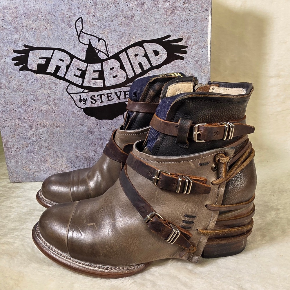 Freebird Crue Boots Grey Brown Leather Buckle Ankle Chunky Edgy Womens 7